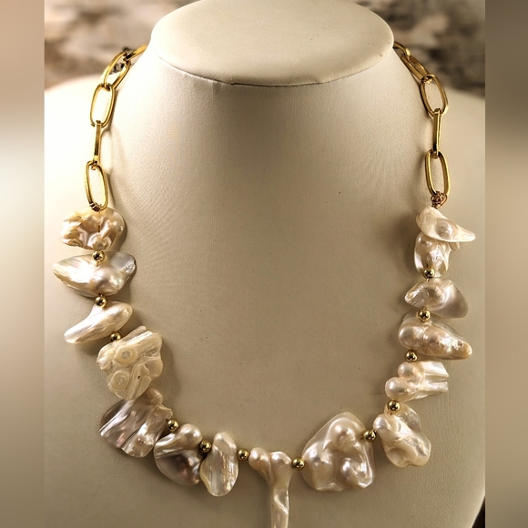 Keshi Jewelry - White Irregular Keshi Pearls In Classic 18K Gold  Plated Paperclip Necklace